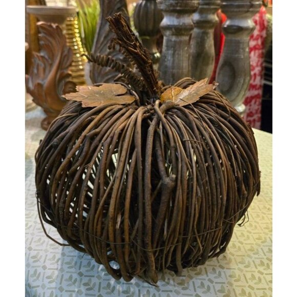 Large Rustic Stick Pumpkin With Metal Leaves - Picture 3 of 3